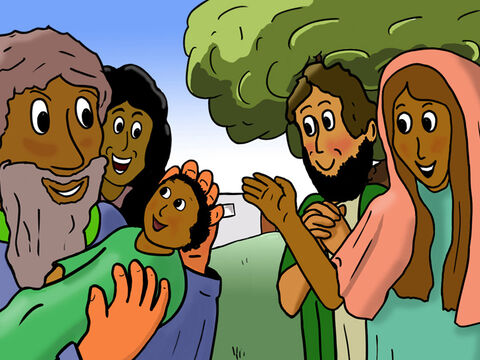 Noah’s sons were called Shem, Ham and Japheth and they now had many children together with their wives. Everyone was very happy for each new human that was born. – Slide 3
