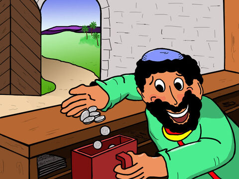Zacchaeus quickly collected the money and put the extra tax he had charged into a special box for himself. That’s how he became rich. – Slide 10