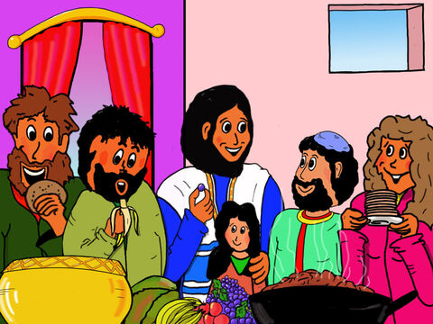 Zacchaeus and his wife put on a meal for Jesus and all 12 disciples. Jesus spent time talking with  Zacchaeus. – Slide 32