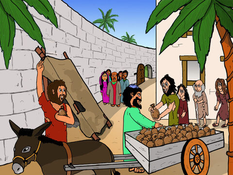 Zacchaeus then did as he had said! He took half of everything he owned and distributed it to the poor in Jericho. The poor were surprised and very happy. Everyone understood that Zacchaeus had been completely transformed by Jesus. – Slide 35