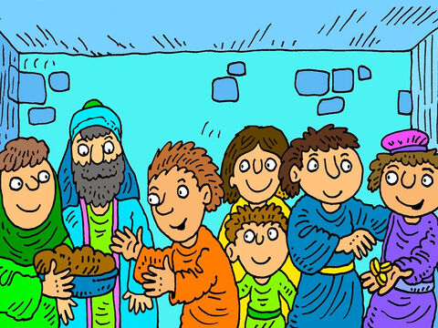 In the first Christian church everyone shared everything, so that no-one was poor or hungry. They sold what they had and brought the money to Peter and the disciples. – Slide 2