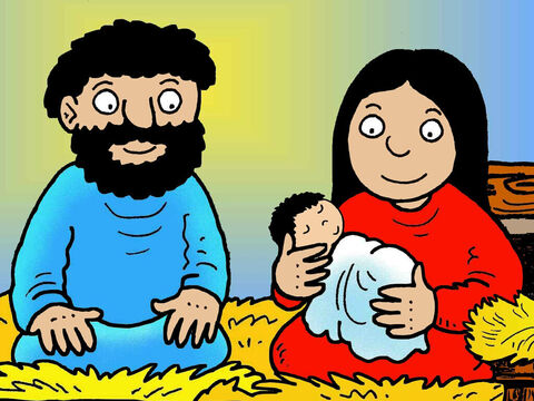 This story illustrates the Christmas carol ‘Away in a manger’. It can be sung to the original lyrics or these from Jill Kemp at Lambsongs. <br/>Away in a manger, <br/>in a bed made of hay, – Slide 1