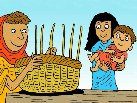Soon their baby was too big to hide. His mother made a special little bed, in a basket, to float the baby down the river Nile, to a safe place. ‘God will look after him,’ she said. – Slide 3