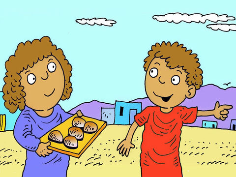 It was a nice sunny day. The boy wanted to go and see Jesus and asked his mother if he could go. ‘I will give you some lunch to take,’ she said. – Slide 2