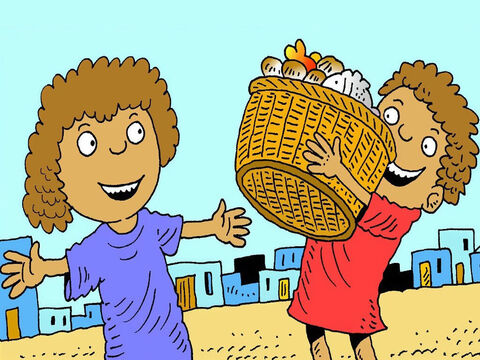 The boy ran home to tell his mother about giving his lunch to Jesus. 'And there were heaps left over! That’s a miracle! Look!’ – Slide 9