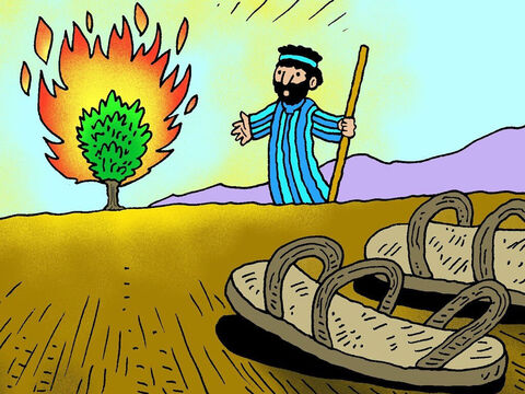 God said, ‘Take off your shoes! You are standing on Holy ground.’ So Moses took off his shoes and went closer to look at the burning bush. – Slide 6