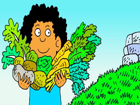 He brought the first of all the vegetables from his garden, as a gift to God. ‘I will show God what I can do,’ he thought. – Slide 4