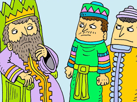 Daniel had broken the King’s rules. The King was very sad. He knew he had been tricked. ‘Daniel’s God will look after him,’ said the King. – Slide 6