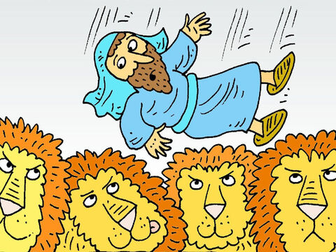 Daniel was thrown into the lions’ den. He was not afraid. He just prayed to God. The King could not sleep. He was so sad. In the morning he looked in the lions’ den. – Slide 7