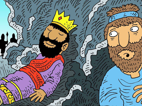But King Saul was very tired and went into the same cave to rest, while his soldiers stood guard outside. David kept very quiet. <br/>When King Saul was fast asleep, David’s men whispered, ‘Here is your chance! Kill your enemy, before he hurts you!’ – Slide 5