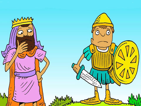 The king wanted David to wear his armour, but it was too big! ‘I can’t wear this,’ he said, ‘I only know how to throw stones in my sling.’ – Slide 4