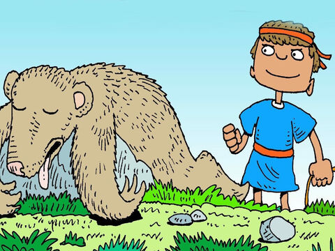 Then he put a stone in his sling, whirled it round and round and let the stone fly. The bear fell down Crash! – Slide 7