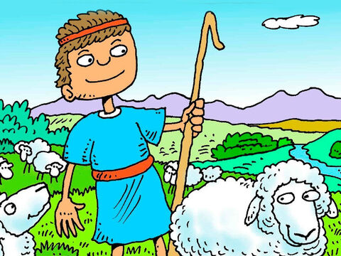 David looked after his father’s sheep. They liked to eat green grass and drink fresh water and when he called to them they followed him. – Slide 2