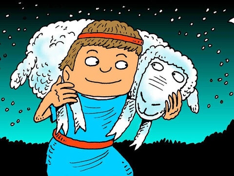 Sometimes he had to find a lost sheep or carry a sick lamb. David was a good shepherd. He loved his sheep and they loved him. – Slide 5