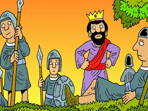King Saul was jealous of David and wanted to get rid of him. All day he searched, but he couldn’t find him, because God kept David safe. – Slide 2