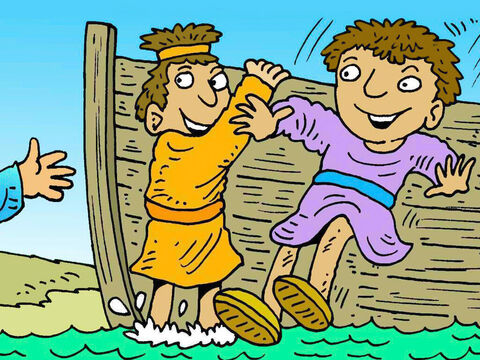 James and John were on the sea of Galilee in their boat, fishing with their father Zebedee, when Jesus called them to follow Him. Straight away, they chose to go. – Slide 3