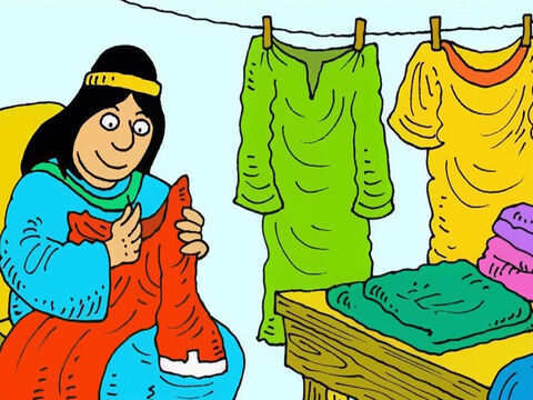 In the seaside town of Joppa, Dorcas was always busy sewing coats to give to poor widows and their children. – Slide 1