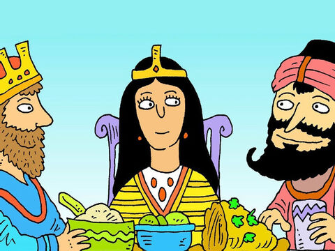 At the special meal, Queen Esther told her husband the king, about Haman’s plan. The king was very angry. – Slide 6
