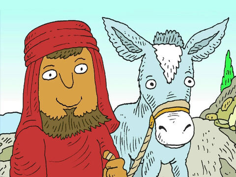 A stranger from the country of Samaria came along the road with his little donkey. He saw the hurt man by the side of the road. The man from Samaria was very kind. – Slide 6