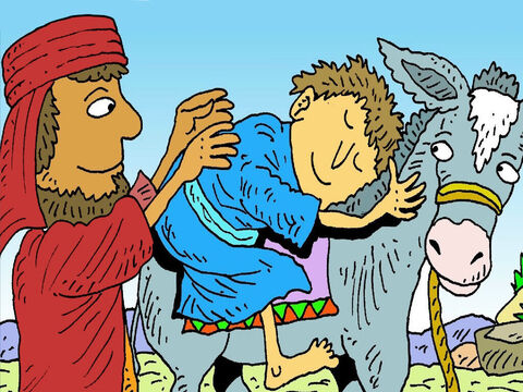‘I will help you, my friend,’ said the kind man from Samaria. He gave the man a drink of water, helped him and put him on his donkey’s back. – Slide 7