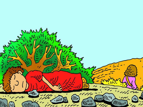 Soon their water was gone and it was so hot that Ishmael was dying of thirst. Hagar didn’t want to see him die. She lay him under a bush, sat down a little way off and cried. – Slide 5