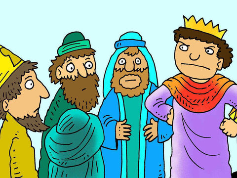 King Herod and the people of Jerusalem were worried. The King called for the chief priests and teachers who studied the writings of the old prophets and asked where Christ should be born. ‘In Bethlehem,’ they replied. – Slide 3