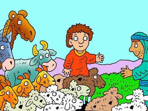 Jacob sent his servants ahead with several herds of animals as presents for Esau - camels, goats, sheep, cows and donkeys, all with their babies. – Slide 6