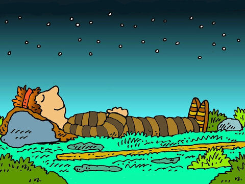 He made himself a pillow from the smooth stones that he found nearby and lay down on the ground to sleep. That night Jacob had a special dream. – Slide 3