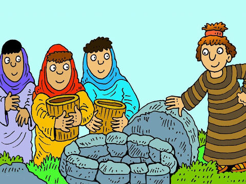 When he got to the country his mother was from he lifted a heavy stone lid from a well and helped some shepherds give their sheep a drink. They told him that Rachel and Leah were his cousins. – Slide 6