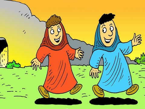 ‘Jesus isn’t here. He is alive! Go and tell everyone the wonderful news.’ The happy women ran off to share the good news that Jesus is alive. – Slide 8