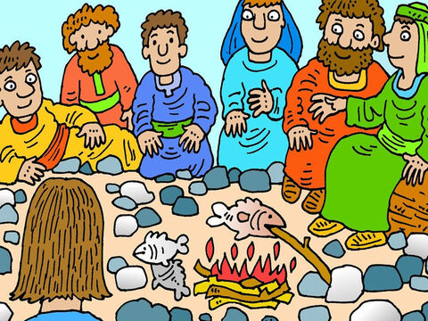 A short time later, seven of Jesus’ disciples returned from fishing to find Jesus cooking fish on a fire on the beach and they ate breakfast with Him. Jesus really was alive! – Slide 6