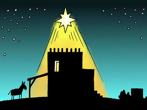 That night baby Jesus, the promised Saviour, was born in a stable in Bethlehem. A very bright star appeared in the sky right above the place where He was born. – Slide 7