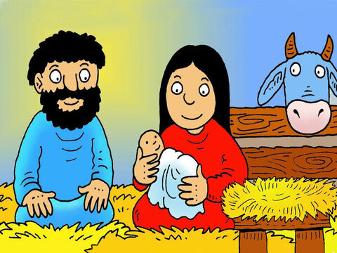 Joseph and Mary called the baby Jesus, just like the angel Gabriel had told them. They wrapped Him in a soft linen cloth and made Him a bed in a manger box of hay. – Slide 8