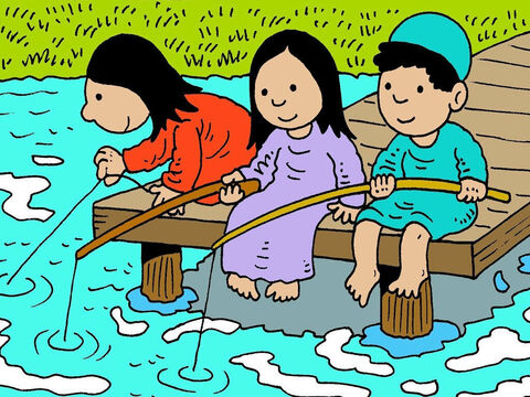 Jesus played with His friends and probably did things like going fishing with them. He loved to tell everyone how much their heavenly Father loved them. – Slide 6