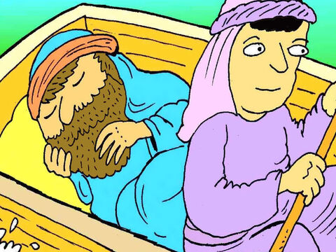 Jesus had been busy all day, teaching people about God and He was very tired. He lay down and went to sleep. – Slide 3