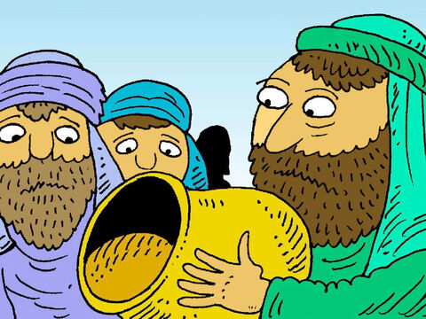 Soon Joseph’s brothers had no corn left to eat. They were hungry, so their dad sent them to buy corn from King Pharaoh. Would Joseph be kind to his brothers? <br/>His brothers did not know he was still alive or that he was now in charge of the food in Egypt. – Slide 6