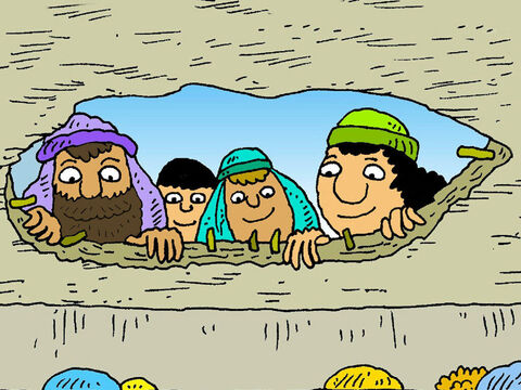 His friends made a hole in the roof. They looked down. All the people were looking up! His friends could see Jesus too! – Slide 5