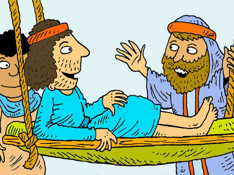 Carefully they lowered the man down on ropes. People moved back to make room. He landed right in front of Jesus!  Jesus smiled at him. – Slide 6