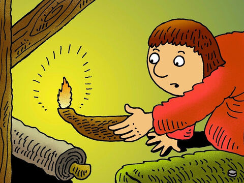 The lady was sad. She lit a candle and searched for her precious coin in every dark corner until, at last, she found it! – Slide 9