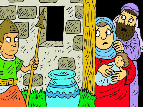 He sent his soldiers to find all the baby boys in Hebrew families. The families were sad when the soldiers came to take their babies away. – Slide 2