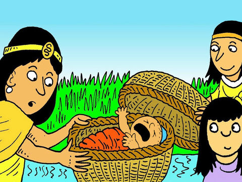 Pharaoh’s daughter and her servants found the Hebrew baby and felt sorry for him, because he was hungry and crying. ‘Shall I get a Hebrew mother to feed him?’ asked Miriam. – Slide 6