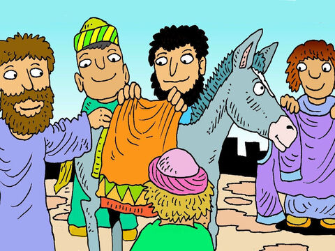 They put their coats over donkey’s back, for Jesus to sit on. Jesus sat on the donkey’s back. He was going to the temple in Jerusalem. – Slide 4