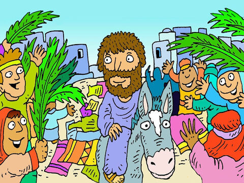 Lots of people came along the road. They were so happy to see Jesus! People put their coats on the road for the little donkey to walk on. – Slide 5