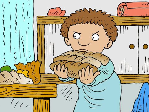 Eventually the man in the house could take no more. He got out of bed and went to the kitchen to give his friend the bread he needed. – Slide 6