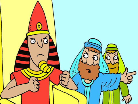God sent Moses and Aaron to tell Pharaoh to let His people go home. ‘If you refuse,’ Aaron said, ‘God will sent terrible plagues until you do.’ But Pharaoh was stubborn and would not listen. – Slide 3