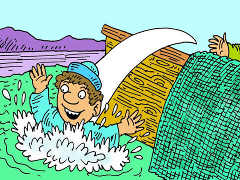 Peter quickly put on his fishing jacket and swam ashore.  He was so excited to see Jesus alive! This was the third time that Jesus was seen after He had risen from the dead. – Slide 7