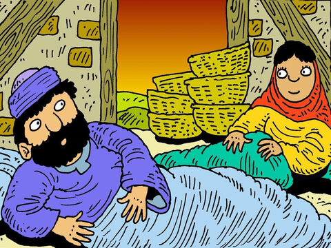 Naomi was praying for a husband for Ruth. She told Ruth to go to the barley shed and sleep at the end of Boaz’s bed. Boaz woke up and was surprised to see her there. – Slide 2