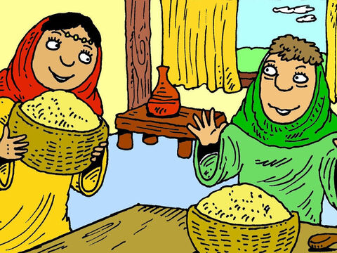 Ruth showed all the barley to Naomi. ‘God has looked after us today,’ Naomi said. ‘Boaz has been very kind to you.’ They thanked God for looking after them. – Slide 8