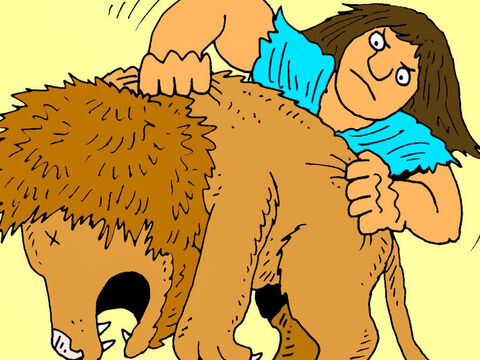 They called their son Samson. One day when he was older, he was walking along, minding his own business, when a wild lion attacked him. He was so strong he picked it up and killed it. – Slide 3