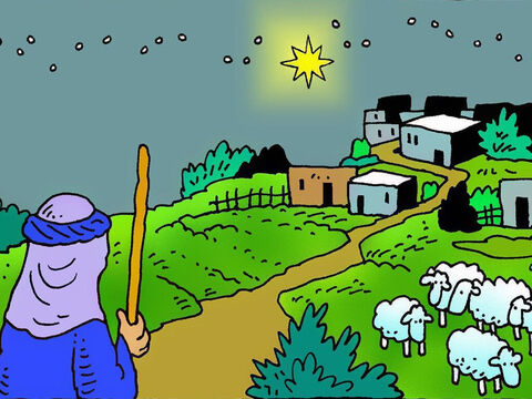 On the night that Jesus was born in Bethlehem some shepherds were staying on the fields nearby. They were sitting down quietly watching their sheep, to make sure that they were safe. – Slide 2